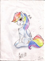 Size: 1024x1408 | Tagged: safe, artist:alesarox, rainbow dash, g4, drawing, female, simple background, sketch, solo, traditional art, watermark