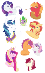 Size: 953x1533 | Tagged: safe, artist:the-chibster, big macintosh, princess cadance, rarity, roseluck, scootaloo, shining armor, spike, sunset shimmer, sweetie belle, alicorn, dragon, earth pony, pegasus, pony, unicorn, g4, female, lesbian, male, older, ship:scootabelle, shipping, smiling