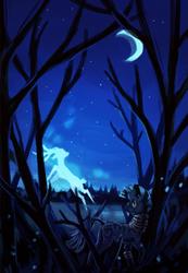 Size: 1588x2299 | Tagged: safe, artist:weird--fish, zecora, deer, ghost, zebra, g4, crescent moon, forest, lineless, moon, night, painting, stag, stars