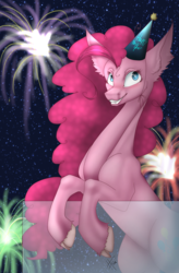Size: 1207x1839 | Tagged: safe, artist:lilramenowo, pinkie pie, g4, cloven hooves, female, fireworks, happy new year, hat, holiday, impossibly large ears, new year, party hat, rearing, solo