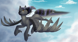 Size: 5500x3000 | Tagged: safe, artist:maria-fly, oc, oc only, oc:rune riddle, pegasus, pony, absurd resolution, cloud, commission, female, flying, looking back, mare, sky, solo, spread wings, unshorn fetlocks, wings, ych result