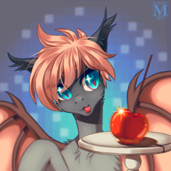 Size: 1000x1000 | Tagged: safe, artist:margony, oc, oc only, oc:caramel apple, bat pony, pony, apple, art trade, candy apple, colored pupils, ear fluff, fangs, female, food, mare, slit pupils, smiling, solo, spread wings, wings