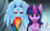 Size: 1132x691 | Tagged: safe, artist:doekitty, rainbow dash, twilight sparkle, pegasus, pony, unicorn, dragonshy, g4, duo, female, looking at you, mare, mountain, saddle bag, scene interpretation, upside down