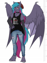 Size: 675x897 | Tagged: safe, artist:askbubblelee, oc, oc only, oc:night owl, bat pony, hybrid, pegasus, anthro, unguligrade anthro, anthro oc, beanie, chest fluff, choker, clothes, ear piercing, fangs, female, hand on hip, hat, large wings, looking at you, mare, pants, piercing, slit pupils, solo, unshorn fetlocks, wings