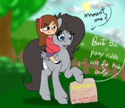 Size: 1280x1112 | Tagged: safe, artist:blah-blah-turner, oc, oc:cristice, human, pegasus, pony, crossover, duo, gravity falls, humans riding ponies, mabel pines, male, riding, sign