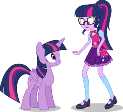Size: 7500x6850 | Tagged: safe, artist:limedazzle, sci-twi, twilight sparkle, alicorn, human, pony, equestria girls, g4, absurd resolution, bowtie, clothes, glasses, human ponidox, looking at each other, mary janes, pony counterpart, ponytail, raised leg, self ponidox, shoes, show accurate, simple background, skirt, socks, square crossover, transparent background, twilight sparkle (alicorn), twolight, vector