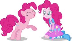 Size: 7500x4346 | Tagged: safe, artist:limedazzle, pinkie pie, earth pony, human, pony, equestria girls, g4, ^^, absurd resolution, balloon, boots, bracelet, clothes, cute, diapinkes, eyes closed, female, high heel boots, human ponidox, jewelry, looking at each other, mare, pony counterpart, raised hoof, self ponidox, show accurate, simple background, skirt, square crossover, transparent background, vector