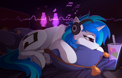 Size: 2200x1410 | Tagged: safe, artist:yakovlev-vad, dj pon-3, vinyl scratch, pony, unicorn, g4, bed, cheek fluff, computer, drink, ear fluff, eyebrows, female, fluffy, food, headphones, horn, horseshoes, ice cream, indoors, laptop computer, lava lamp, lidded eyes, lying down, mare, music, music notes, pillow, prone, sad, shoulder fluff, solo, underhoof