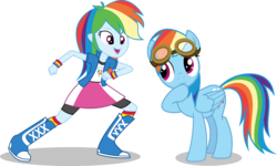 Size: 7500x4488 | Tagged: safe, artist:limedazzle, rainbow dash, human, pegasus, pony, equestria girls, g4, absurd resolution, backwards cutie mark, boots, bracelet, clothes, female, giggling, goggles, human ponidox, jewelry, mare, open mouth, pony counterpart, self ponidox, show accurate, simple background, socks, square crossover, transparent background, vector, wristband