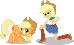 Size: 7500x4597 | Tagged: safe, artist:limedazzle, applejack, human, pony, equestria girls, g4, absurd resolution, boots, cowboy boots, cowboy hat, freckles, grin, hat, human ponidox, looking at each other, nervous, nervous smile, pony counterpart, self ponidox, show accurate, simple background, smiling, square crossover, transparent background, vector