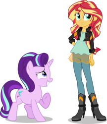 Size: 6438x7461 | Tagged: safe, artist:limedazzle, starlight glimmer, sunset shimmer, pony, unicorn, equestria girls, g4, absurd resolution, boots, clothes, duo, female, grin, high heel boots, hilarious in hindsight, jacket, leather jacket, mare, nervous, nervous smile, raised hoof, show accurate, simple background, smiling, square crossover, transparent background, vector