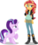 Size: 6438x7461 | Tagged: safe, artist:limedazzle, starlight glimmer, sunset shimmer, pony, unicorn, equestria girls, g4, absurd resolution, boots, clothes, duo, female, grin, high heel boots, hilarious in hindsight, jacket, leather jacket, mare, nervous, nervous smile, raised hoof, show accurate, simple background, smiling, square crossover, transparent background, vector