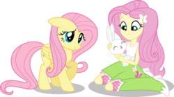 Size: 7500x4191 | Tagged: safe, artist:limedazzle, angel bunny, fluttershy, human, pony, equestria girls, g4, absurd resolution, boots, clothes, cute, high heel boots, human ponidox, pony counterpart, raised hoof, self ponidox, show accurate, shyabetes, simple background, skirt, socks, square crossover, transparent background, vector