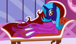 Size: 3804x2184 | Tagged: safe, artist:badumsquish, derpibooru exclusive, oc, oc only, oc:glad rags, clothes pony, half-pony, hybrid, monster pony, original species, carousel boutique, draw me like one of your french girls, fainting couch, female, high res, lidded eyes, living clothes, looking back, offspring, older, on side, parent:nightmare dress monster, parent:rarity, reclining, red eyes, smiling, solo, yellow sclera