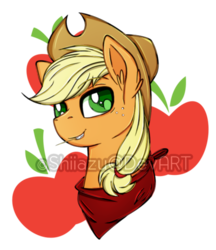 Size: 400x463 | Tagged: safe, artist:traveleraoi, applejack, g4, bust, colored pupils, cutie mark background, ear fluff, female, looking at you, neckerchief, portrait, simple background, smiling, solo, song in the description, transparent background, watermark