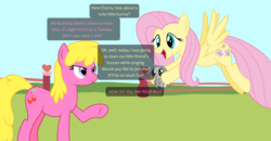 Size: 1474x764 | Tagged: artist needed, safe, cherry berry, fluttershy, rabbit, g4, dialogue, duo, duo female, female, text