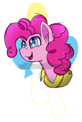 Size: 400x594 | Tagged: safe, artist:traveleraoi, pinkie pie, g4, bust, cutie mark background, ear fluff, female, open mouth, portrait, simple background, smiling, solo, song in the description, transparent background, watermark