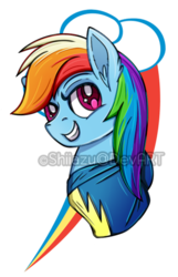 Size: 400x623 | Tagged: safe, artist:traveleraoi, rainbow dash, g4, bust, clothes, cutie mark background, ear fluff, female, grin, looking at you, looking sideways, open mouth, portrait, simple background, smiling, solo, song in the description, transparent background, uniform, watermark, wonderbolts uniform