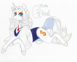 Size: 767x621 | Tagged: safe, artist:frozensoulpony, oc, oc only, oc:belle glitterati, pony, unicorn, clothes, female, mare, offspring, parent:prince blueblood, parent:upper crust, parents:bluecrust, traditional art