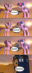 Size: 1920x4344 | Tagged: safe, artist:goatcanon, doctor whooves, starlight glimmer, time turner, twilight sparkle, alicorn, earth pony, pony, unicorn, the cutie re-mark, 3d, absurd resolution, comic, crossover, doctor who, doctor whooves is not amused, female, male, mare, source filmmaker, stallion, tardis, the doctor, time travel, time travel glimmer, twilight sparkle (alicorn)