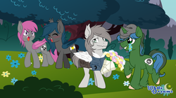 Size: 5000x2807 | Tagged: safe, artist:xwhitedreamsx, oc, oc only, oc:fruitful melody, oc:nuke, oc:rc, oc:speck, bat pony, pegasus, pony, unicorn, female, flower, high res, husband and wife, male, mare, married couple, married couples doing married things, saddle bag, ship:frc, speke, stallion