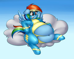 Size: 3900x3100 | Tagged: safe, artist:elzzombie, artist:graphenescloset, rainbow dash, pony, g4, belly, belly button, clothes, collaboration, fat, floppy ears, high res, obese, open mouth, rainblob dash, torn clothes, uniform, wardrobe malfunction, weight gain, wonderbolts uniform