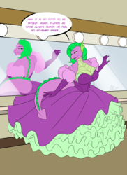 Size: 1275x1750 | Tagged: safe, artist:amaraburrger, spike, oc, oc:barbara greenscale, dragon, anthro, g4, animated actors, barb, barbara greenscale, breasts, busty barb, cleavage, clothes, dress, evening gloves, female, gloves, gown, long gloves, mirror, older, older barb, older spike, rule 63, solo, stupid sexy barb