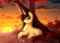 Size: 2494x1816 | Tagged: safe, artist:pridark, oc, oc only, oc:ethereal divide, pony, unicorn, autumn, commission, glasses, grass, male, prone, relaxing, scenery, smiling, solo, stallion, sunset, tree