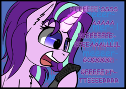 Size: 1280x903 | Tagged: safe, artist:duop-qoub, starlight glimmer, pony, unicorn, g4, comic, eeee, female, mare, microphone, singing, song reference