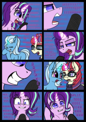 Size: 4961x7016 | Tagged: safe, artist:duop-qoub, moondancer, starlight glimmer, trixie, pony, unicorn, g4, absurd resolution, chest fluff, comic, counterparts, eeee, eyes closed, female, glowing horn, grin, horn, looking at each other, mare, open mouth, singing, smiling, song reference, twilight's counterparts
