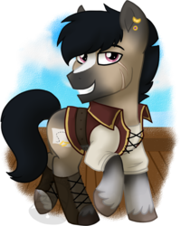 Size: 640x800 | Tagged: safe, artist:tambelon, oc, oc only, oc:shoal, earth pony, pony, clothes, ear piercing, earring, jewelry, male, piercing, scar, simple background, solo, stallion, transparent background, unshorn fetlocks, watermark