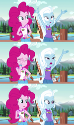 Size: 1280x2152 | Tagged: safe, pinkie pie, trixie, equestria girls, g4, my little pony equestria girls: legend of everfree, armpits, bracelet, camp everfree outfits, duo, eyes closed, facepalm, hand on hip, heart, jewelry, mountain, pier, river, tree