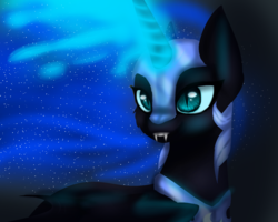 Size: 2000x1600 | Tagged: safe, artist:midnightedecho, nightmare moon, alicorn, pony, g4, fangs, female, glowing horn, horn, magic, solo