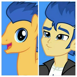 Size: 1024x1024 | Tagged: safe, edit, edited screencap, screencap, flash sentry, pegasus, pony, equestria girls, g4, blue background, comparison, looking at you, simple background, smiling