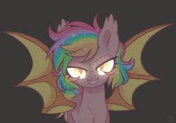 Size: 4300x3000 | Tagged: safe, artist:hawthornss, oc, oc only, oc:paper stars, bat pony, pony, bedroom eyes, black background, cute, cute little fangs, ear fluff, fangs, female, glowing eyes, grin, high res, looking at you, mare, simple background, smiling, solo, spread wings, wings