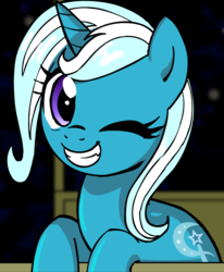 Size: 768x934 | Tagged: safe, artist:marcusmaximus, trixie, pony, unicorn, minty fresh adventure, g4, cute, cute little fangs, diatrixes, fangs, female, grin, missing accessory, one eye closed, pony platforming project, smiling, solo, wink