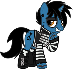 Size: 978x925 | Tagged: safe, artist:lightningbolt, derpibooru exclusive, pony, unicorn, g4, .svg available, boots, buckle, clothes, ear piercing, emo, eyeliner, eyeshadow, frank iero, gauges, grin, hair over one eye, hoof on chest, horn, horn piercing, jacket, lip piercing, looking at you, makeup, male, my chemical romance, nose piercing, piercing, ponified, raised hoof, show accurate, simple background, smiling, smug, socks, solo, stallion, standing, stripes, svg, tattoo, teeth, the black parade, transparent background, vector