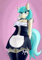Size: 3500x5000 | Tagged: safe, artist:huckser, coco pommel, earth pony, anthro, g4, absurd resolution, arm behind back, choker, clothes, female, garter belt, maid, mare, smiling, solo, stockings, thigh highs
