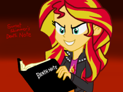 Size: 1024x768 | Tagged: safe, artist:ultrasponge, sunset shimmer, equestria girls, g4, cute, death note, evil smile, grin, shimmerbetes, smiling, smirk, this will not end well