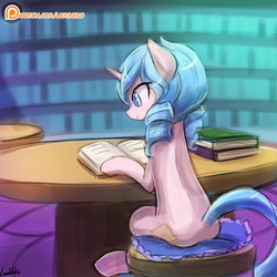 Size: 750x750 | Tagged: safe, artist:lumineko, oc, oc only, oc:opuscule antiquity, pony, unicorn, book, female, mare, patreon, patreon logo, pillow, reading, rear view, sitting, smiling, solo