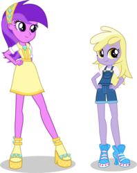 Size: 1403x1775 | Tagged: safe, artist:punzil504, amethyst star, dinky hooves, sparkler, equestria girls, g4, clothes, dress, duo, equestria girls-ified, female, hand on hip, high heels, overall shorts, overalls, shoes, siblings, simple background, sisters, smiling, transparent background, yellow dress