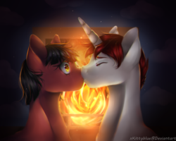 Size: 2164x1734 | Tagged: safe, artist:xkittyblue, oc, oc only, earth pony, pony, unicorn, colored pupils, commission, female, fireplace, kissing, male, mare, oc x oc, shipping, stallion, straight, surprise kiss, surprised