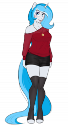 Size: 462x853 | Tagged: safe, artist:askbubblelee, oc, oc only, oc:bubble lee, oc:imago, unicorn, anthro, unguligrade anthro, anthro oc, big breasts, breasts, clothes, curvy, cute, female, freckles, hourglass figure, looking at you, mare, off shoulder, shorts, shoulder freckles, simple background, smiling, solo