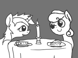Size: 1173x877 | Tagged: safe, artist:orchid-to-the-winter, bon bon, lyra heartstrings, sweetie drops, earth pony, pony, unicorn, g4, 30 minute art challenge, bust, candle, candlelight dinner, female, food, gray background, grayscale, heart eyes, lesbian, looking at each other, monochrome, pie, ship:lyrabon, shipping, simple background, smiling, wingding eyes