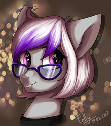Size: 2449x2793 | Tagged: safe, artist:candyflora, oc, oc only, pony, abstract background, bust, female, glasses, high res, mare, portrait, smiling, solo