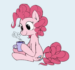 Size: 1280x1197 | Tagged: safe, artist:orchid-to-the-winter, pinkie pie, earth pony, pony, g4, female, happy, hoof hold, hot drink, looking at something, mug, simple background, sitting, smiling, solo, white background