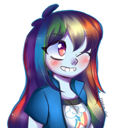 Size: 1024x1024 | Tagged: dead source, safe, artist:isolation-girl, rainbow dash, equestria girls, g4, blushing, female, one eye closed, signature, simple background, solo, white background, wink