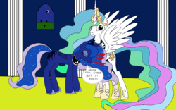 Size: 1280x800 | Tagged: safe, artist:brightenight-heart, princess celestia, princess luna, alicorn, pony, g4, cardiophilia, fetish, french, heart pounding, heartbeat, listening, spread wings, translated in the description, wings