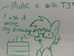 Size: 1280x977 | Tagged: safe, artist:tjpones, oc, oc only, oc:tjpones, earth pony, pony, birthday cake, cake, dialogue, food, glasses, lineart, male, monochrome, offscreen character, solo, stallion, traditional art, wish