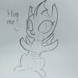 Size: 1088x1086 | Tagged: safe, artist:tjpones, oc, oc only, changeling, black and white, cuteling, dialogue, grayscale, hug request, lineart, monochrome, sketch, solo, traditional art